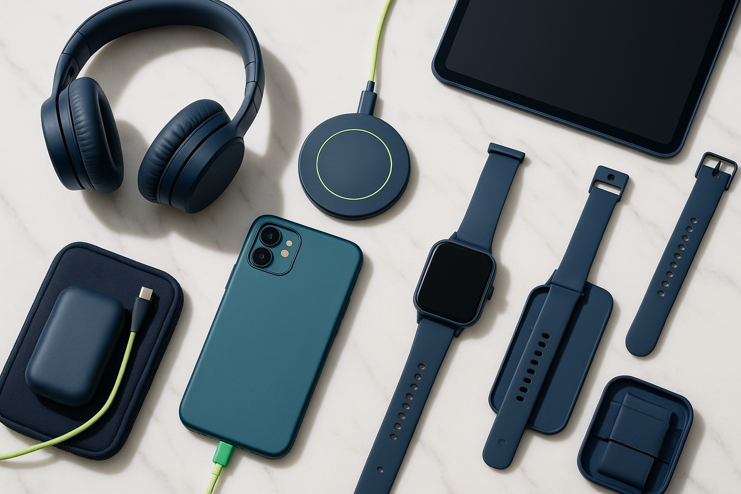 Create a high-resolution lifestyle image for an eCommerce store called Fotania. Show modern gadgets and trendy accessories being used in everyday life. Bright, clean background with a minimal, premium aesthetic. Include subtle product placement, good lighting, and a tech-lifestyle vibe. Colors should complement neon green #00FF9D and navy #0B3D91 accents.